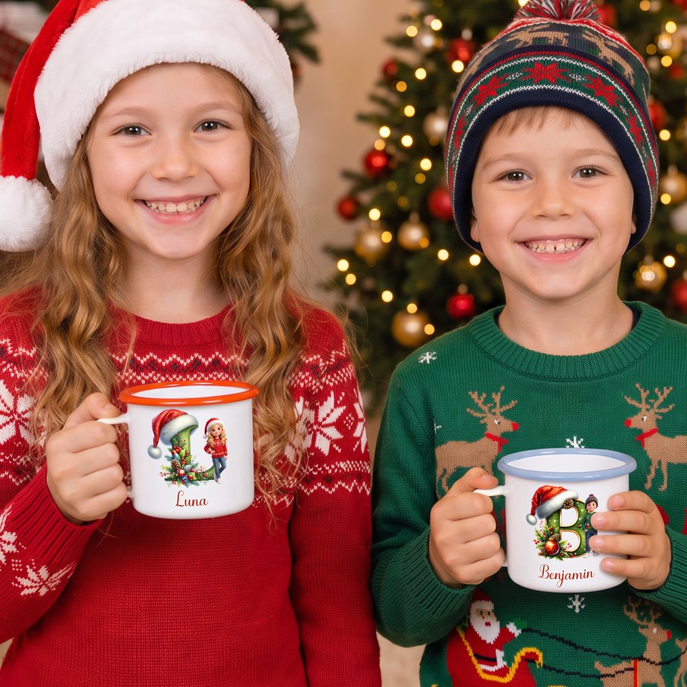 Personlig emaljmugg med 3D-effekt, jultomtemössa, barnets initialer och foto, 12 oz – vardagsmugg och julklapp till barn 7
