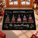 Felpudo de bienvenida personalizado «250 años» con árbol de Navidad en rojo, blanco y azul, con nombre y texto. Decoración para el hogar. Regalo de Navidad para la familia. 1