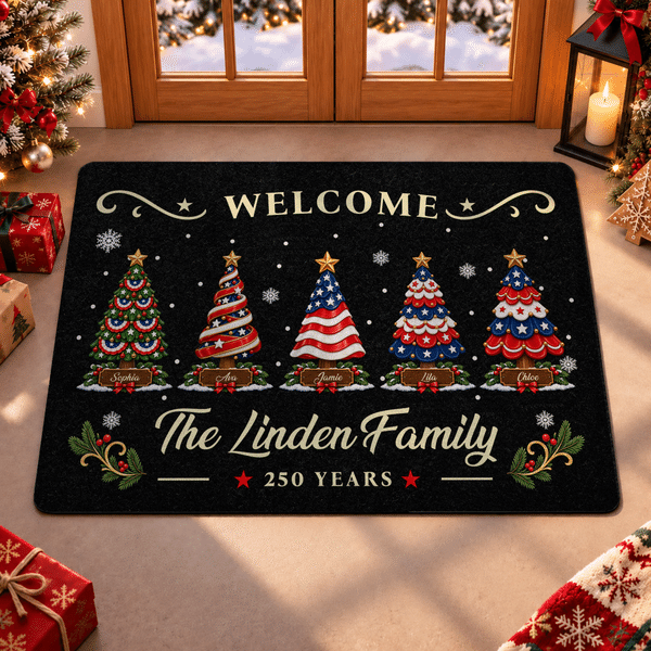 Felpudo de bienvenida personalizado «250 años» con árbol de Navidad en rojo, blanco y azul, con nombre y texto. Decoración para el hogar. Regalo de Navidad para la familia.