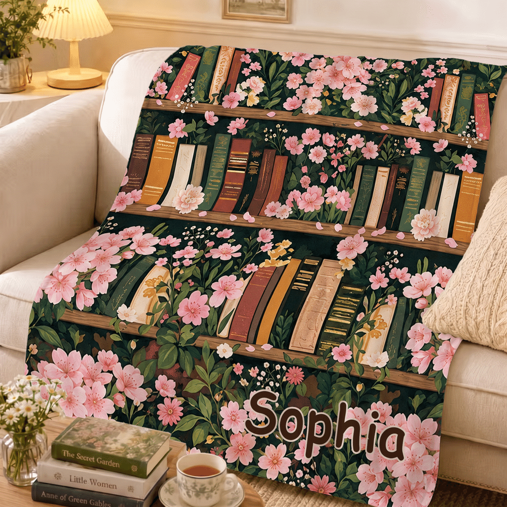 Personalized Vintage Birth Flower Bookshelf Soft Throw Blanket with Name Home Decor Birthday Gift for Book Lovers Readers 6