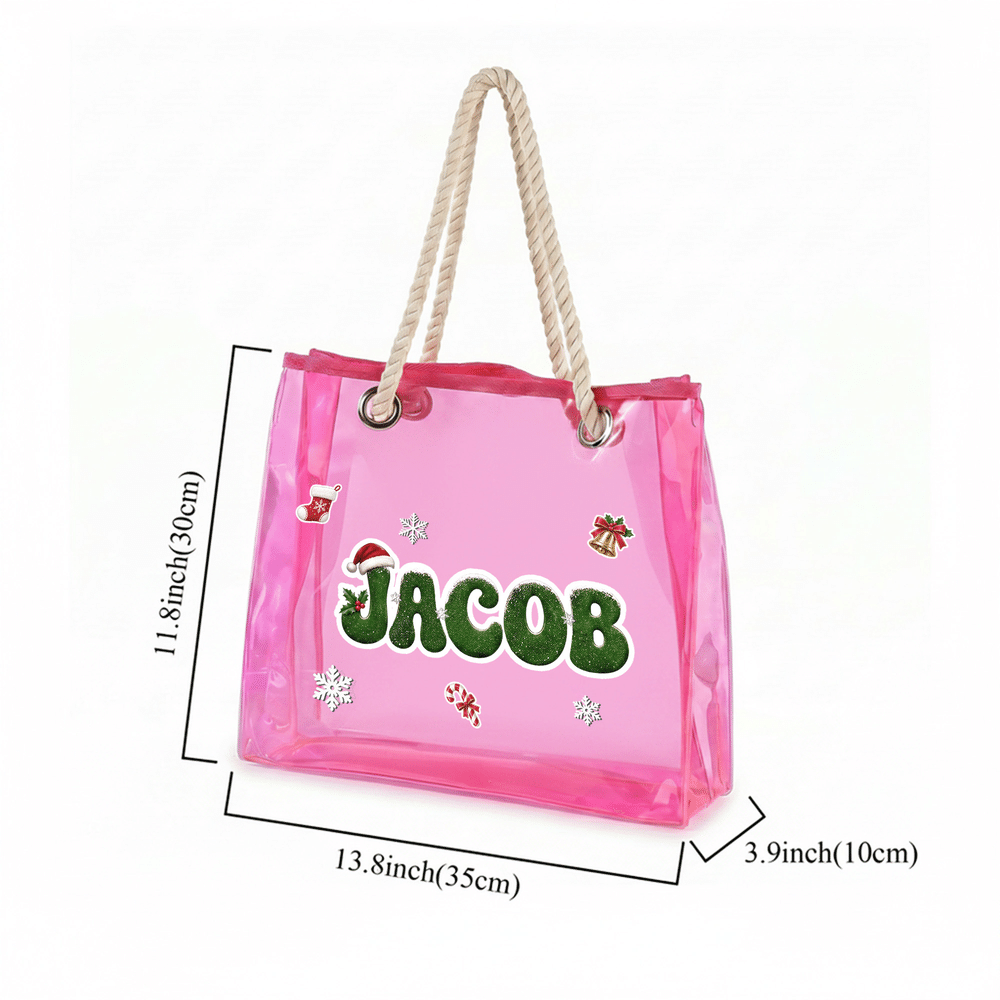 Borsa tote trasparente personalizzata a tema natalizio con fiocchi di neve, campanellino, lettere glitterate e effetto olografico, con nome: regalo di Natale per donne e ragazze 7