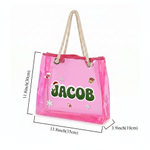 Borsa tote trasparente personalizzata a tema natalizio con fiocchi di neve, campanellino, lettere glitterate e effetto olografico, con nome: regalo di Natale per donne e ragazze 7