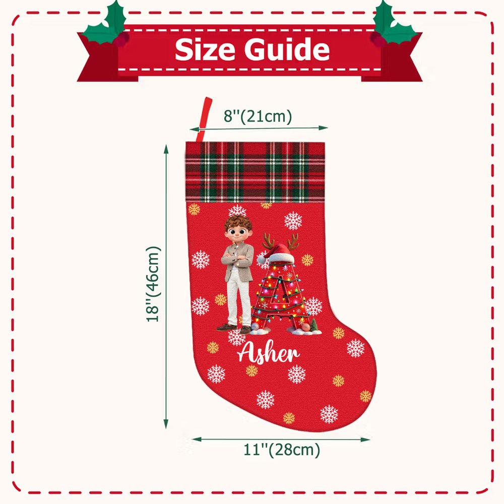 Personalised 3D-Effect Artwork Photo Snowflake Plaid Pattern Christmas Stocking with Name and Initial Christmas Gift for Family Kids Friends 9