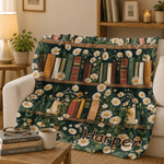 Personalized Vintage Birth Flower Bookshelf Soft Throw Blanket with Name Home Decor Birthday Gift for Book Lovers Readers 5