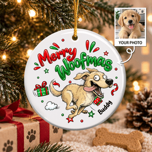 Personalised Merry Woofmas Cartoon Pet Photo Ceramic Ornament with Name Tree Decor Christmas Gift for Pet Owner Lover