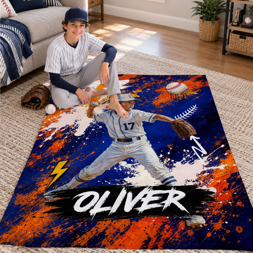 Personalized Graffiti Oil Painting Style Photo Soft Throw Blanket with Name Baseball Club Birthday Gift for Baseball Player Lover 3