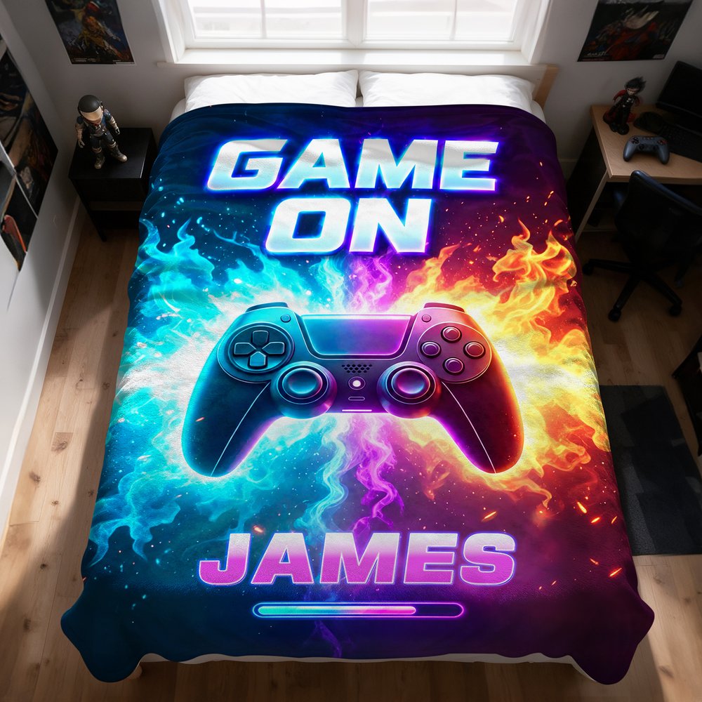 Personalized Game Controller Gradient Neon Fire Cozy Throw Blanket with Name Home Decor Birthday Christmas Game Night Gift for Kids Gamers 3