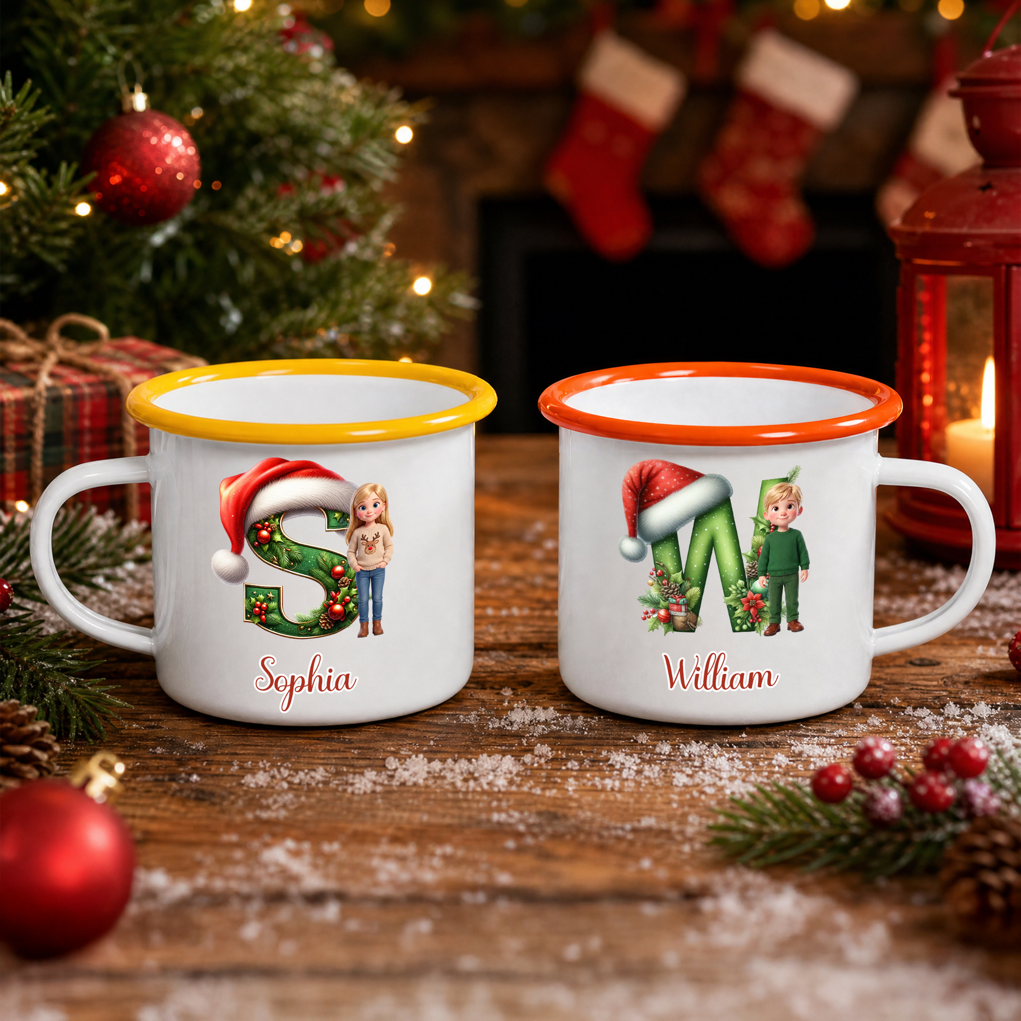 Personalisierte 3D-Effekt-Tasse mit Weihnachtsmannmütze, Initialen und Kinderfoto – 12 oz Emaille-Tasse mit Namen – Weihnachtsgeschenk für Kinder zum täglichen Gebrauch