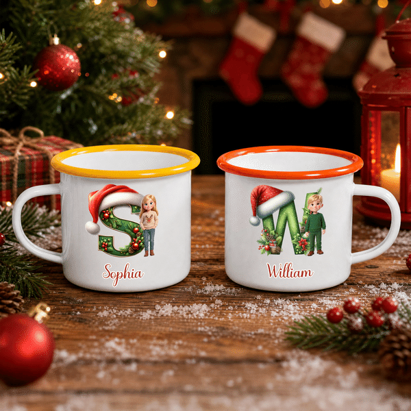 Personlig emaljmugg med 3D-effekt, jultomtemössa, barnets initialer och foto, 12 oz – vardagsmugg och julklapp till barn