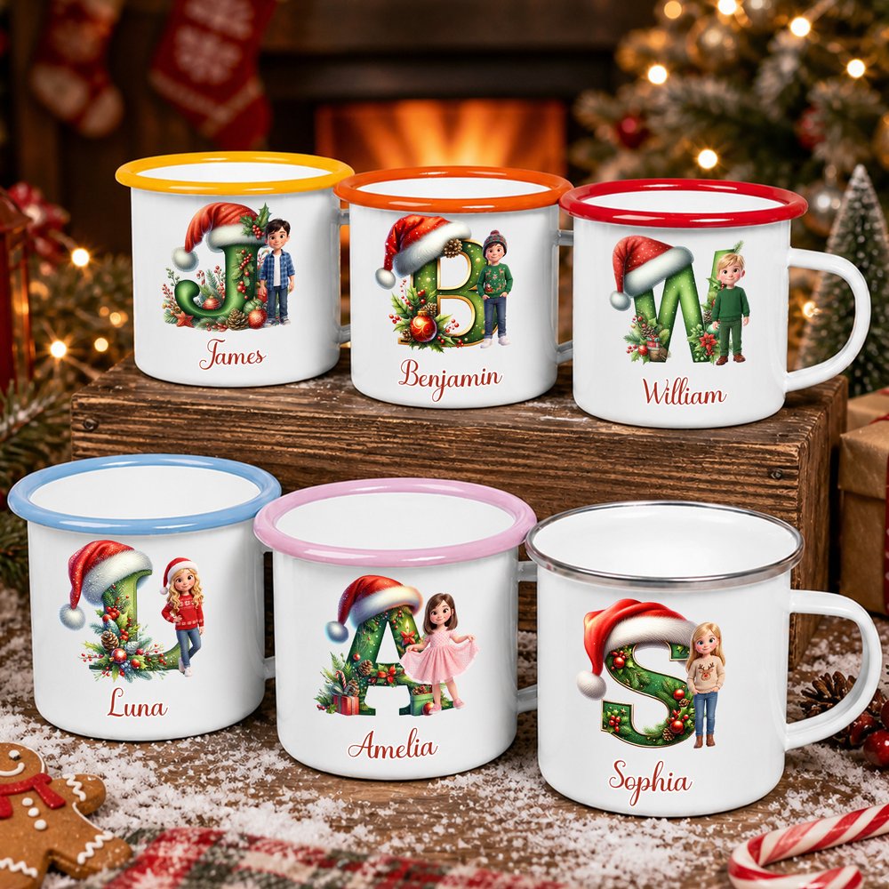Personlig emaljmugg med 3D-effekt, jultomtemössa, barnets initialer och foto, 12 oz – vardagsmugg och julklapp till barn 2