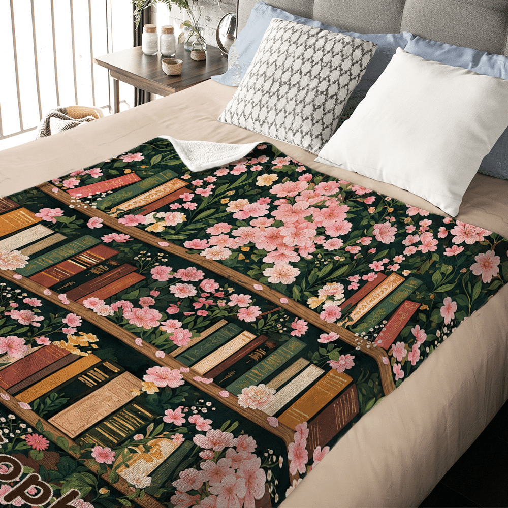 Personalized Vintage Birth Flower Bookshelf Soft Throw Blanket with Name Home Decor Birthday Gift for Book Lovers Readers 9