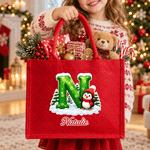 Personalized Santa Claus Snowman Reindeer Initial Large Capacity Red Jute Tote Bag with Name Christmas Gift for Kids Family Friends