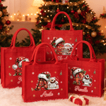 Personalised Cute Christmas Animal Santa Hat Reusable Red Linen Tote Gift Bag with Initial and Name Christmas Party Gift for Family Kids