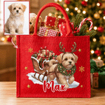 Personalised Cute Pet Photo Christmas Elk Antlers Large Capacity Red Jute Tote Bag with Name Christmas Party Gift for Kids Pet Lovers 1