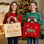 Personalised Christmas Theme Candy Cane Snowflake Santa Hat Large Capacity Jute Tote Bag with Name Christmas Gift for Kids Friends