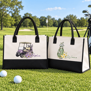 Borsa tote grande personalizzata con il fiore del mese di nascita, in stile golf cart, portatile, con nome, accessori da viaggio, regalo di compleanno per donne appassionate di golf
