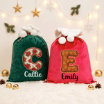 Personalized Merry Christmas Wavy Artistic Effect Initial Large Capacity Velvet Gift Bag with Name Christmas Holiday Gift for Kids Family Friends