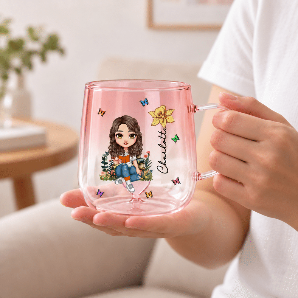 Personalised Birth Flower Stereoscopic Heart Reading Character Gradient Colour 15 oz Glass Mug with Name Daily Use Birthday Christmas Gift for Reader 4