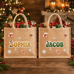 Personalised Christmas Theme Candy Cane Snowflake Santa Hat Large Capacity Jute Tote Bag with Name Christmas Gift for Kids Friends