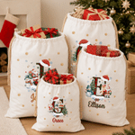 Bolsa de regalo personalizada con cordón, con diseño de Papá Noel, renos y muñeco de nieve, con iniciales y nombre, ideal como regalo de Navidad para la familia y los niños 1
