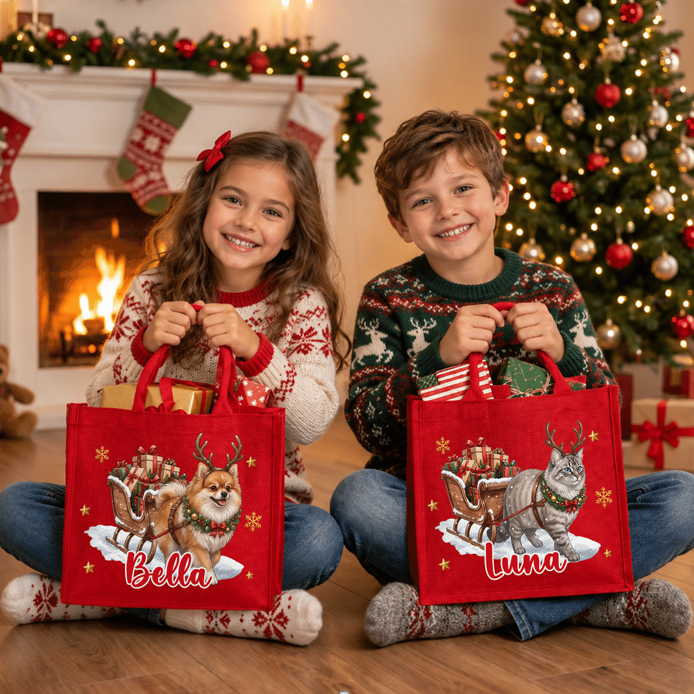 Personalised Cute Pet Photo Christmas Elk Antlers Large Capacity Red Jute Tote Bag with Name Christmas Party Gift for Kids Pet Lovers 5