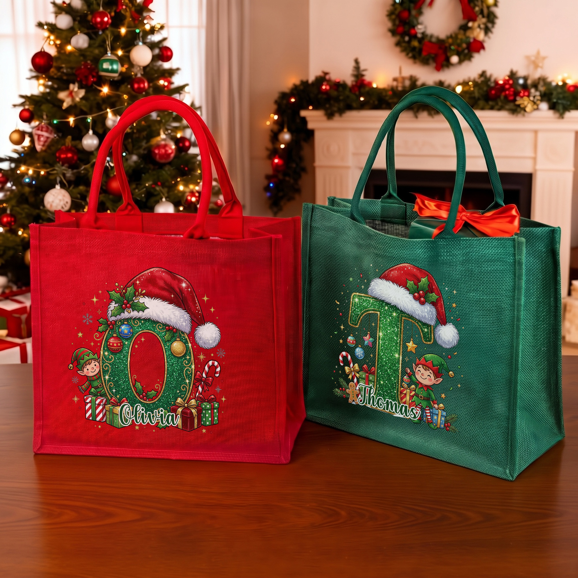 Personalised Christmas Theme Snowflake Holly Santa Hat Initial Large Capacity Linen Tote Bag with Name Christmas Party Holiday Gift for Family Friends