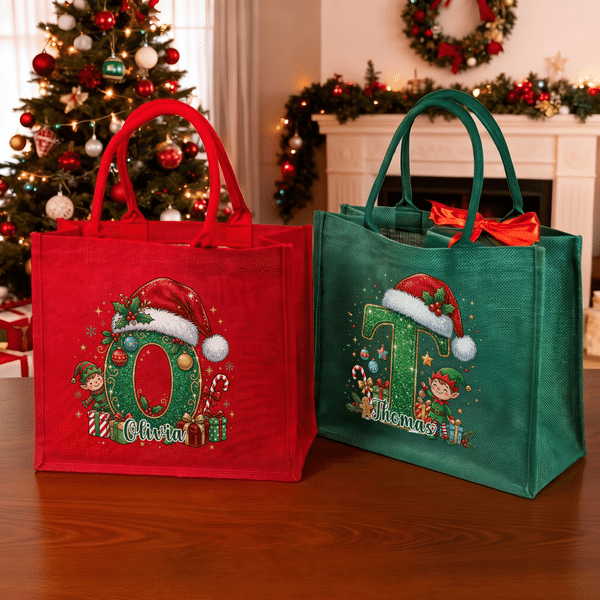 Personalised Christmas Theme Snowflake Holly Santa Hat Initial Large Capacity Linen Tote Bag with Name Christmas Party Holiday Gift for Family Friends