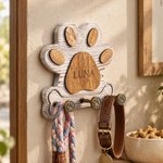 Porte-laisse en bois personnalisé en forme de patte de chiot, avec nom gravé et 3 crochets : cadeau de Noël ou de pendaison de crémaillère pour les propriétaires d'animaux de compagnie