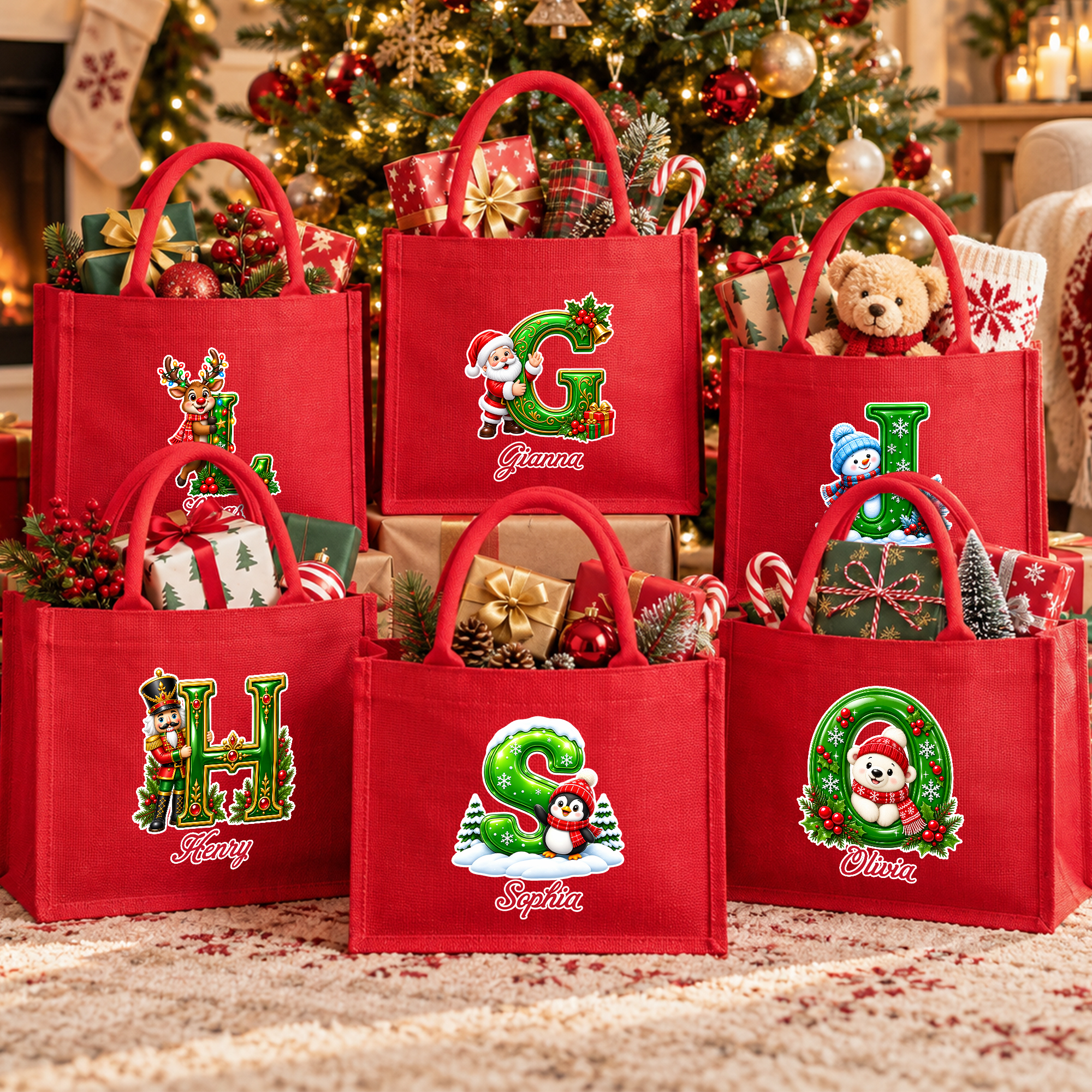 Personalised Santa Claus Snowman Reindeer Initial Large Capacity Red Jute Tote Bag with Name Christmas Gift for Kids Family Friends
