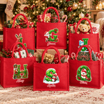 Personalized Santa Claus Snowman Reindeer Initial Large Capacity Red Jute Tote Bag with Name Christmas Gift for Kids Family Friends