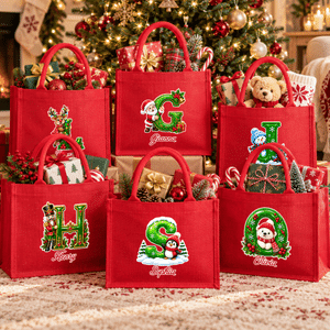 Personalised Santa Claus Snowman Reindeer Initial Large Capacity Red Jute Tote Bag with Name Christmas Gift for Kids Family Friends