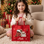 Personalised Cute Christmas Animal Santa Hat Reusable Red Linen Tote Gift Bag with Initial and Name Christmas Party Gift for Family Kids
