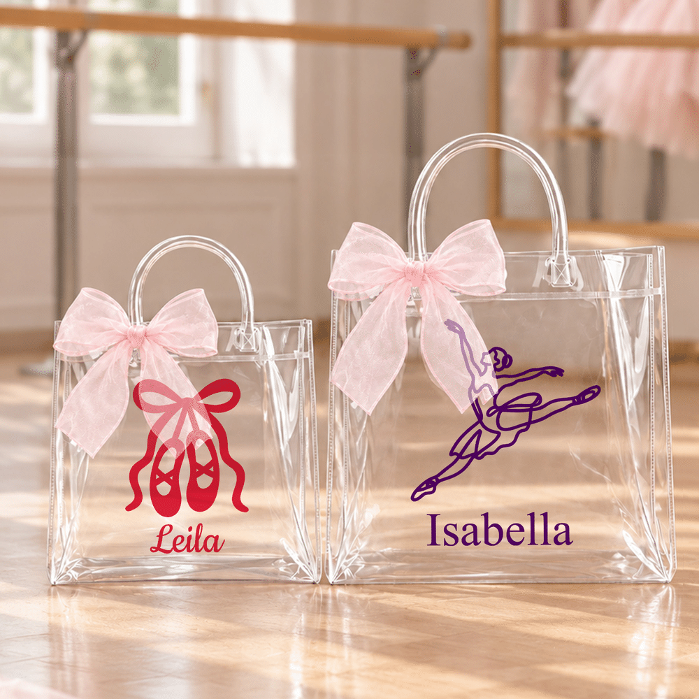 Personalized Ballerina Girl Pink Ribbon Bow Transparent Gift Bag with Name and Daily Use Birthday Christmas Gift for Girl Ballet Lover 5