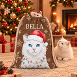 Personalised Watercolor Santa Hat Pet Photo Canvas Drawstring Gift Bag with Name Tree Decor Christmas Eve Gift for Pet Owners Lovers Kids