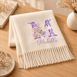 Personalised Diamond Style Birth Flower Soft Warm Tassel Scarf Shawl with Name and Initial Winter Accessory Birthday Christmas Gift for Family Friend