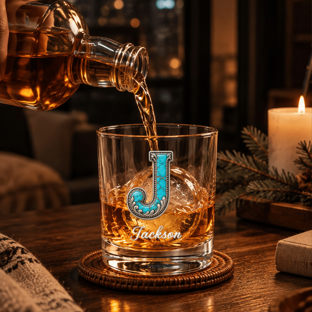 Personalized Turquoise Silver Scrollwork Style Initial 10 oz Whiskey Glass with Name Anniversary Birthday Gift for Cowboy Cowgirl 5