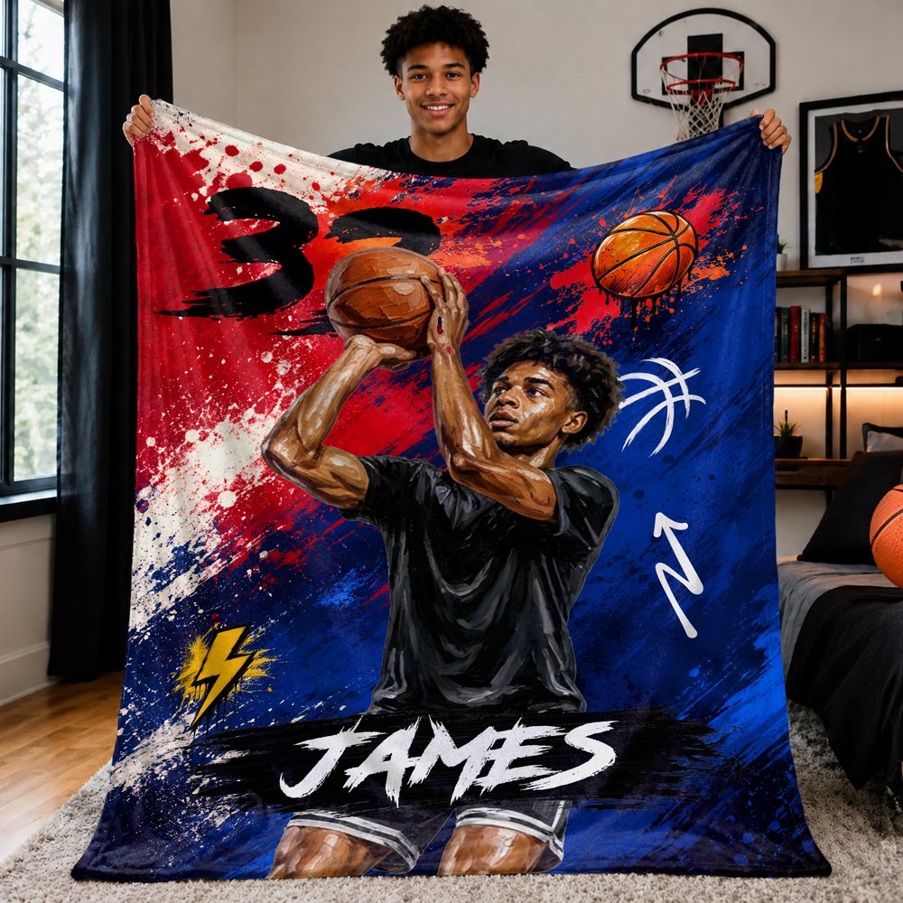 Personalized Graffiti Oil Painting Style Photo Soft Throw Blanket with Name Basketball Club Birthday Gift for Basketball Players 1
