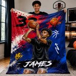 Personalized Graffiti Oil Painting Style Photo Soft Throw Blanket with Name Basketball Club Birthday Gift for Basketball Players 1