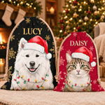 Personalised Watercolor Santa Hat Pet Photo Canvas Drawstring Gift Bag with Name Tree Decor Christmas Eve Gift for Pet Owners Lovers Kids