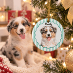 Personalised Watercolor Pet Portrait Bow Striped Ceramic Christmas Ornament with Name Home Decor Christmas Gift for Pet Owners Lovers