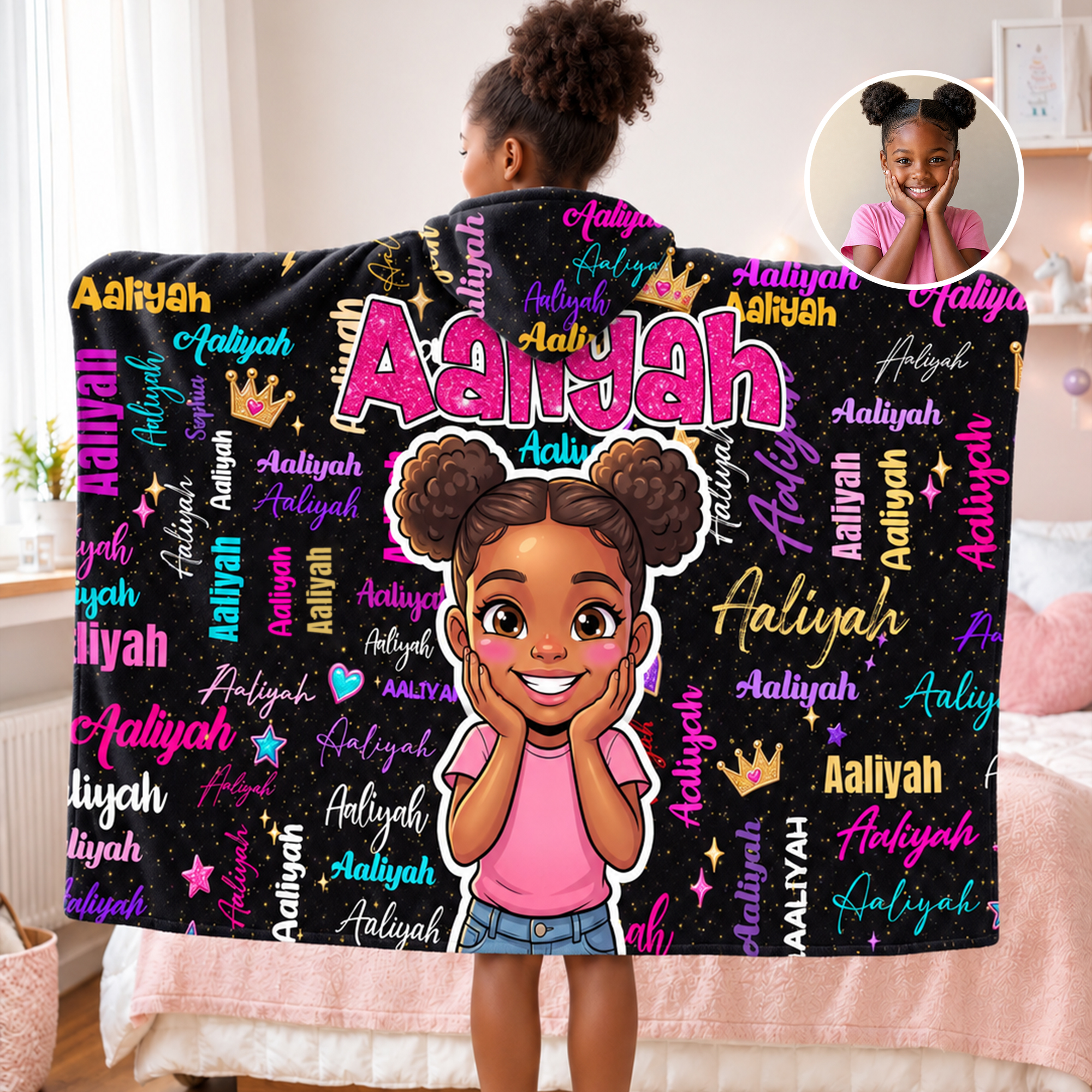 Personalized 3D-Style Art Cartoon Character Photo Word Cloud Soft Hooded Blanket with Name Birthday Christmas Gift for Boys Girls