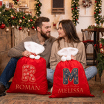 Personalized Merry Christmas Wavy Artistic Effect Initial Large Capacity Velvet Gift Bag with Name Christmas Holiday Gift for Kids Family Friends