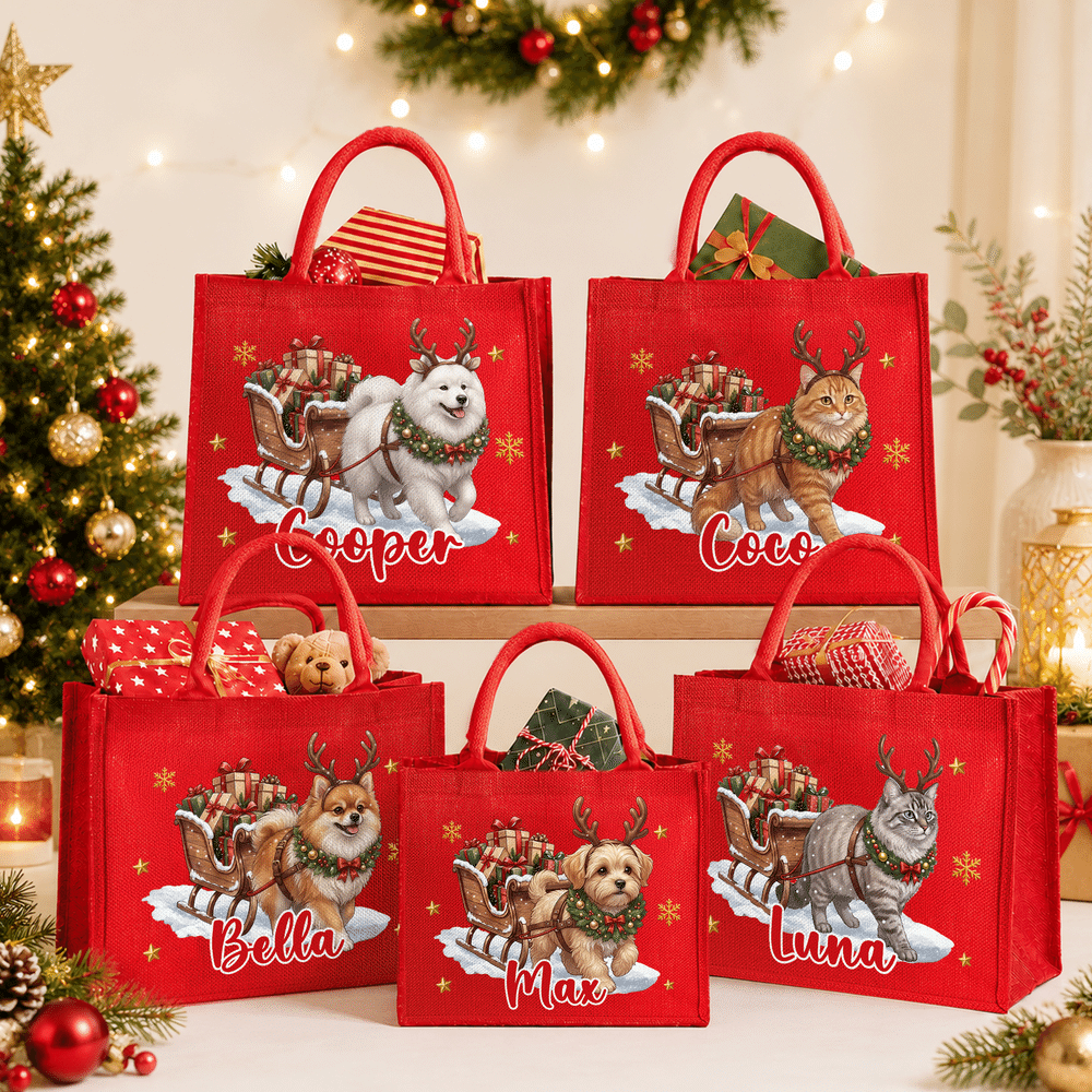 Personalised Cute Pet Photo Christmas Elk Antlers Large Capacity Red Jute Tote Bag with Name Christmas Party Gift for Kids Pet Lovers 3