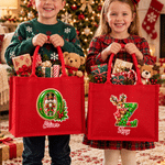 Personalized Santa Claus Snowman Reindeer Initial Large Capacity Red Jute Tote Bag with Name Christmas Gift for Kids Family Friends