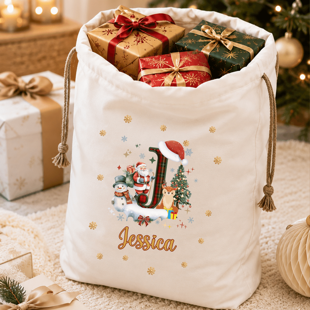 Bolsa de regalo personalizada con cordón, con diseño de Papá Noel, renos y muñeco de nieve, con iniciales y nombre, ideal como regalo de Navidad para la familia y los niños 2