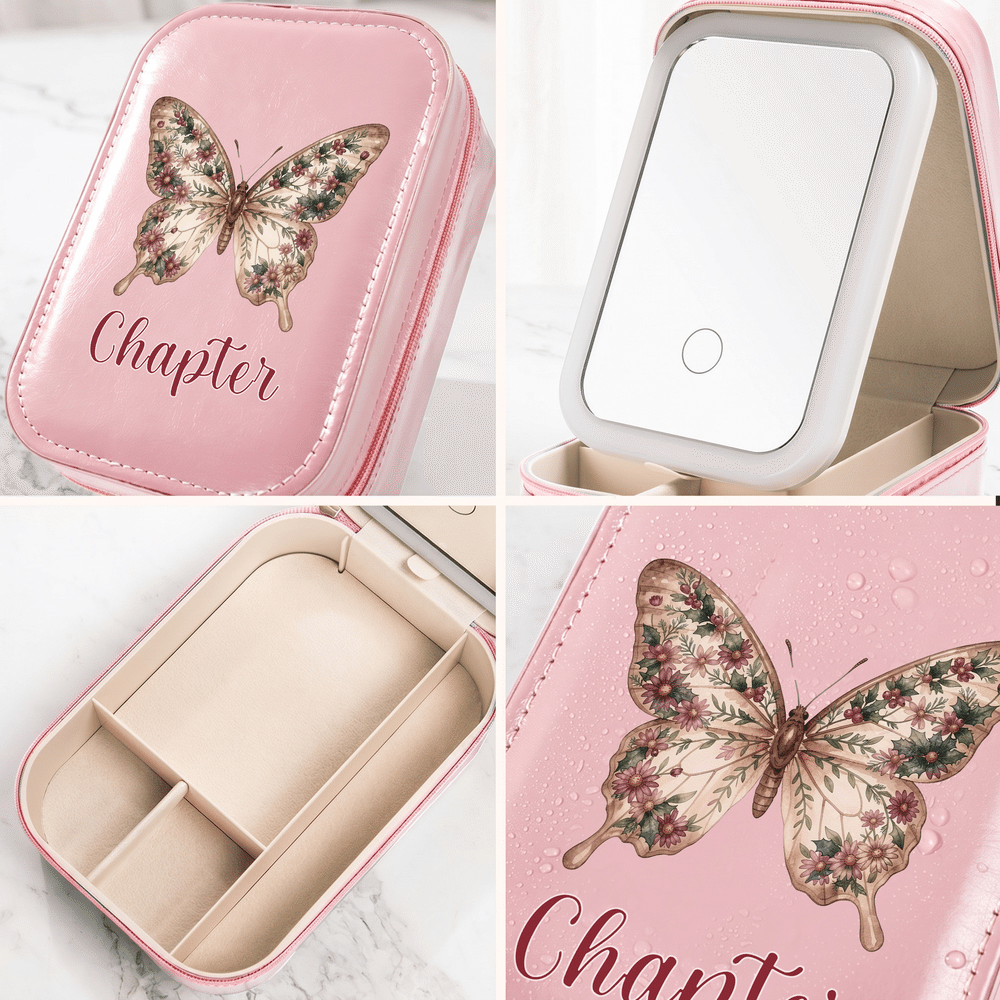 Boîte à bijoux personnalisée en cuir PU sur le thème des papillons et des fleurs de naissance, avec prénom et miroir de maquillage LED tricolore réglable – Cadeau d'anniversaire pour femme, à utiliser au quotidien 5
