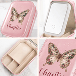 Boîte à bijoux personnalisée en cuir PU sur le thème des papillons et des fleurs de naissance, avec prénom et miroir de maquillage LED tricolore réglable – Cadeau d'anniversaire pour femme, à utiliser au quotidien 5