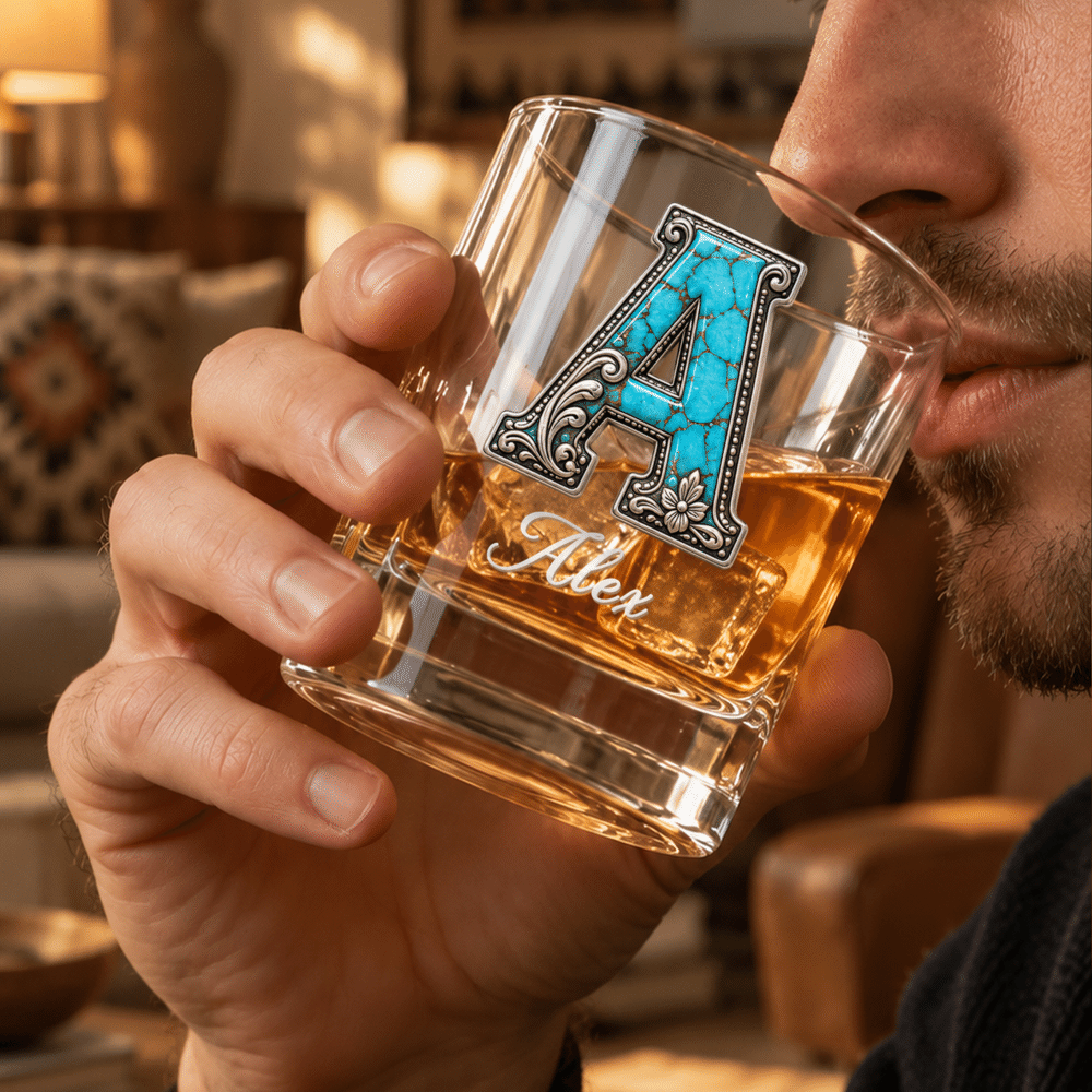 Personalized Turquoise Silver Scrollwork Style Initial 10 oz Whiskey Glass with Name Anniversary Birthday Gift for Cowboy Cowgirl 4