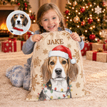 Personalised Watercolor Santa Hat Pet Photo Canvas Drawstring Gift Bag with Name Tree Decor Christmas Eve Gift for Pet Owners Lovers Kids