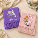 Personalised Diamond Style Birth Flower Soft Warm Tassel Scarf Shawl with Name and Initial Winter Accessory Birthday Christmas Gift for Family Friend